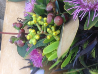 Native bouquet - Purely Australian . An assortment of gum nuts, eucalyptus, Flowering gum, isopogens and ti tree.subject to availability . Variety may vary with the seasons