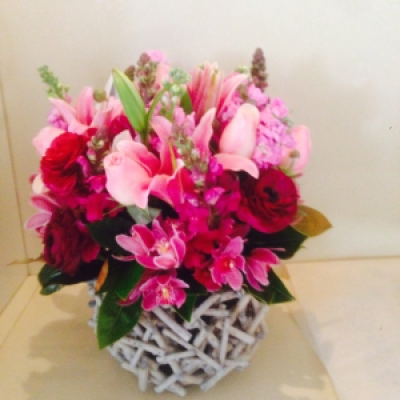 Beautiful basket - Lilies, roses , orchids, stock . Flower availability subject to seasons. Colours optional upon request