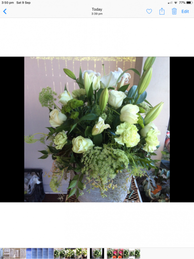Natural Garden Beauty - Seasonal natural garden flowers in green and white flowers naturally arranged in a stone container with succulents and other naturally grown plants. This can be made to a colour of your choice.