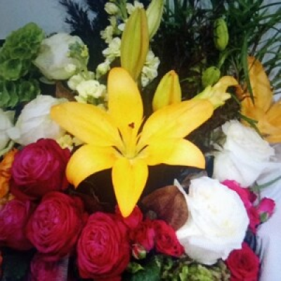 The Ballgown  - The iconic ballgown of 2014 shades of flowers in blush pink and apricot cream flowers accompanied with a mixture of Hot pink and orange flowers with a mixture of foliage and shades of green designed and presented in a bouquet 